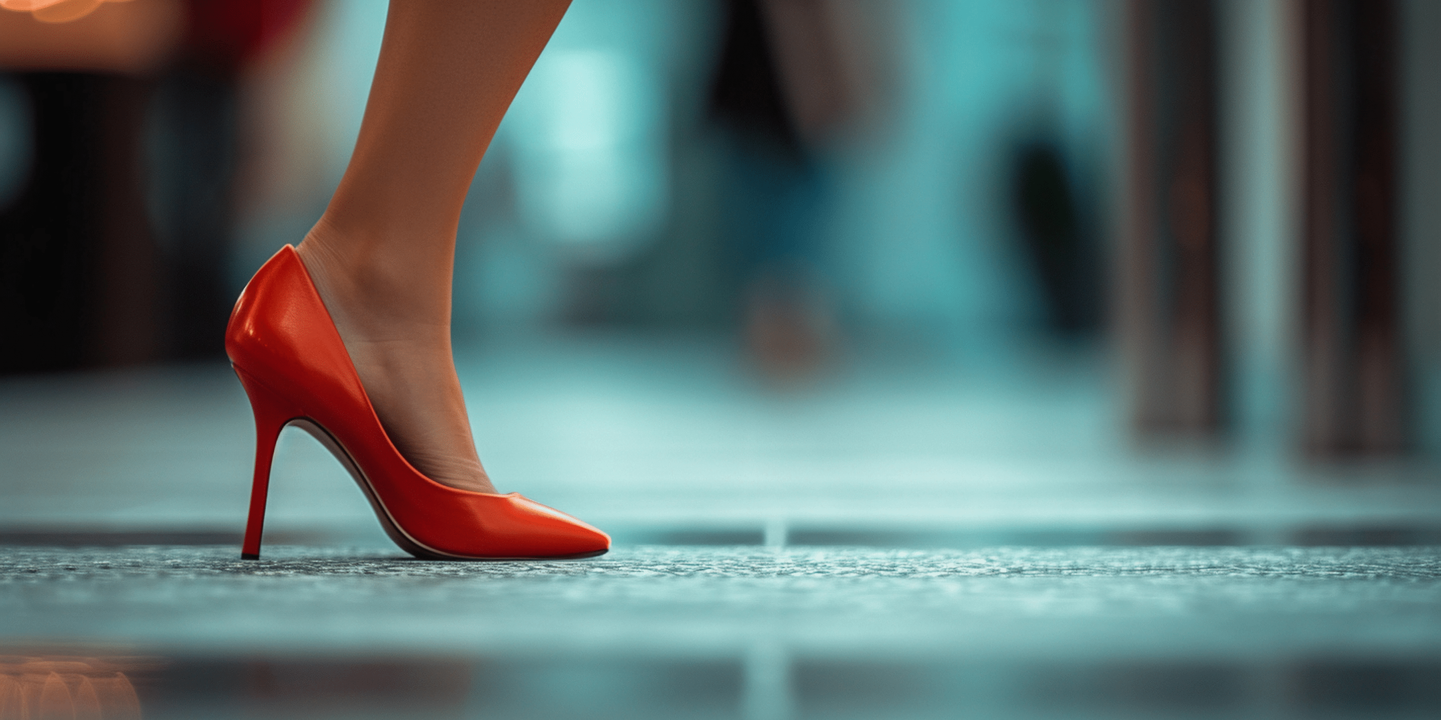 Close-up portrait of a woman's feet walking wearing red high heel shoes