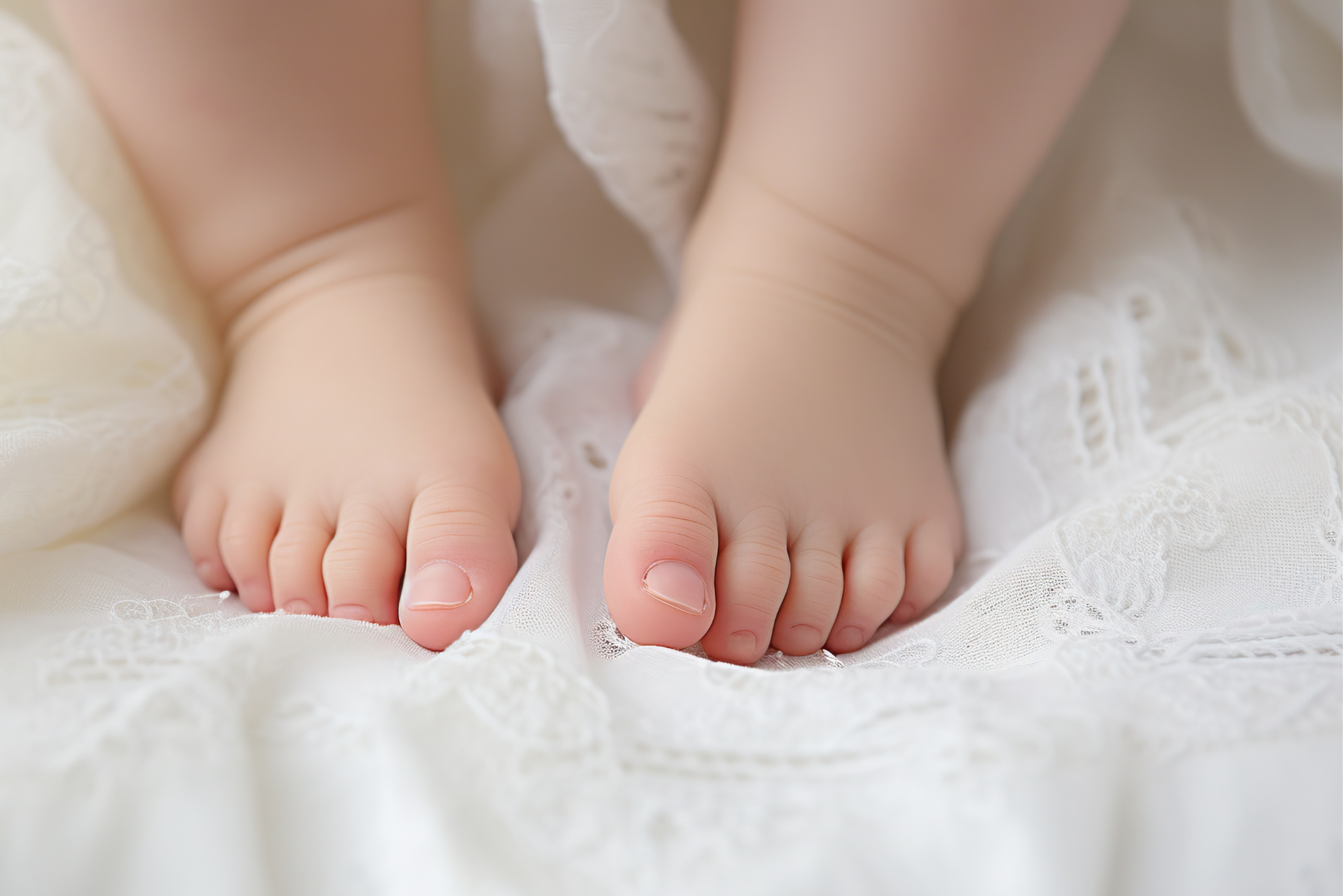 Newborn baby feet on the bed